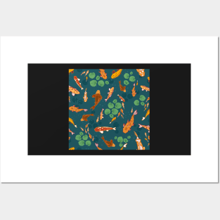 Swimming koi fish - orange, blue and green Posters and Art